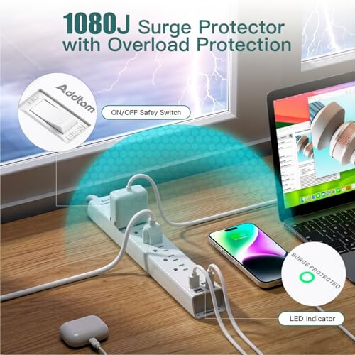Image of Addtam 5ft Power Strip Surge Protector, 6 Outlets and 4 USB Ports (2 USB C)