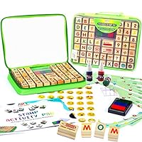 Large Wooden Stamp Premium Set for Kids. 72 Pcs Alphabet Stamps. Letters, Numbers, Emojis, 3-Color Washable Ink Pad, 3 Refill Bottles, Activity Book. Ideal Creativity Kit for back to school