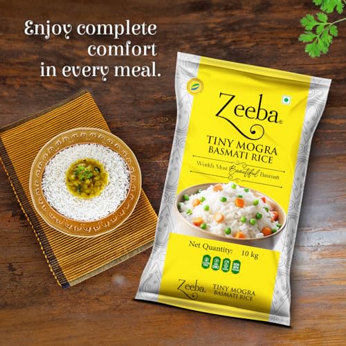 Image of Zeeba Tiny Mogra Basmati Rice 10 Kg, Small Grains with Great Taste, Gut-friendly Rice (Cooked length upto 10mm*)