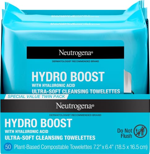Image of Neutrogena Hydro Boost Ultra-Soft Micellar Cleansing Wipes with Hyaluronic Acid, Hydrating Makeup Remover Wipes Remove Dirt & Waterproof Makeup, Hypoallergenic, Plant-Based Cloth, 2 x 25 ct