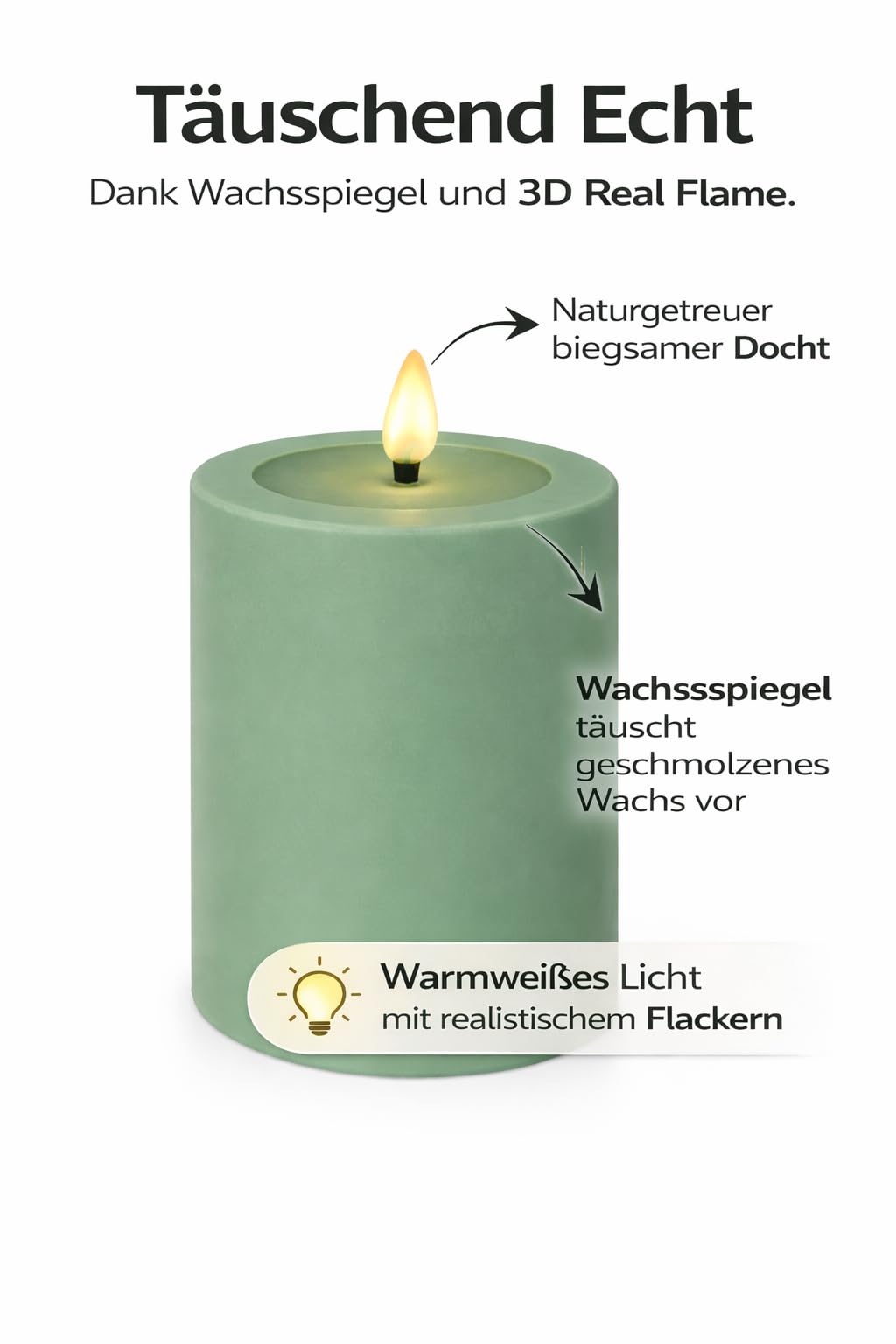 ReWu Candela LED Outdoor Deluxe Homeart Real Flame con funzione timer e specchio di cera, resistente al calore, impermeabile, per esterni, luce bianca calda, senza fiamma