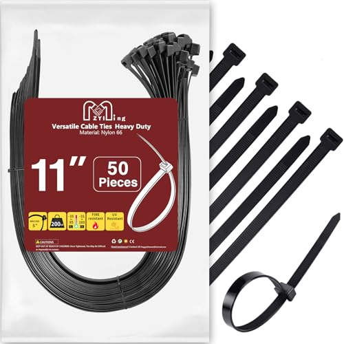 Zip Ties Heavy Duty 200 lb 11 Inch, Large Cable Ties Black Zip Tie Extra Wide Plastic Ties Industrial Cable Wire Tie Wraps 50 Pieces