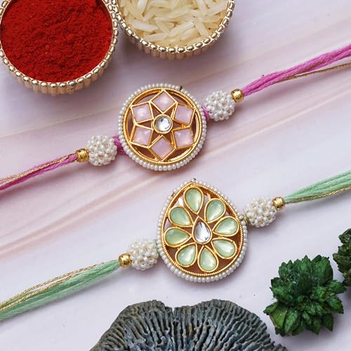 Image of eCraftIndia Set of 2 Kundan Beads Beautiful Peacock Designer Rakhis with Roli Chawal Pack