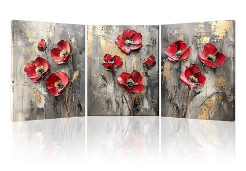 PIY PAINTING Impresión sobre lienzo vintage, arte mural sobre lienzo con flores, póster artístico con flores rojas, fácil de colgar para dormitorio, salón, 3 x 40 x 30 cm