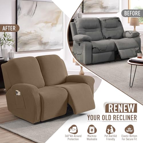 Image of TAOCOCO Recliner Loveseat Slipcover, 6 Pieces Dual Recliner Sofa Covers for 2 Seat Dual Reclining Loveseat Couch, Stretch Soft Jacquard Pattern Furniture Protector with Elasticity (Khaki)