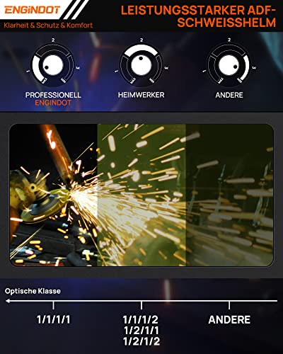 Schweißhelm, ENGINDOT Automatik Verdunkelung Schweißmaske, optische Klasse 1/1/1/1 Schweißmaske mit 4 Sensoren, Vollschattenbereich 4/4-8/9-13, Wig MIG MAG Modi etc., 6 Ersatzlinsen - Image 3