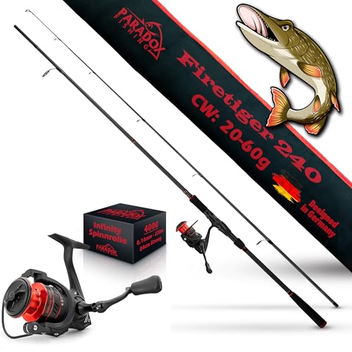 Paradox Fishing Firetiger Spinnrute mit Rolle I 2 4m 20-60g mit 4000 Rolle I Spinnruten perfekt für Hecht Rute - Angelrute Hecht Hechtrute Hecht Spinnrute