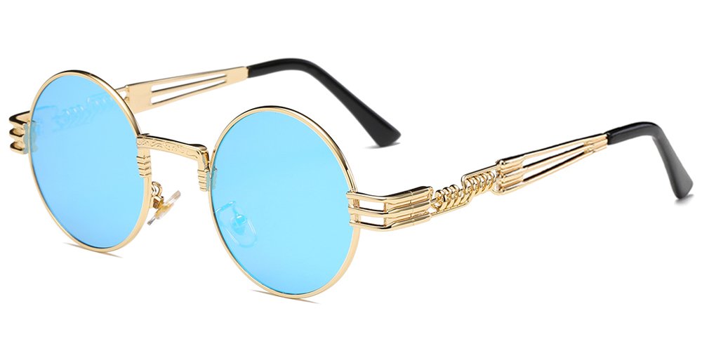 BOZEVONRetro Steampunk Style Inspired Round Metal Circle Sunglasses for Women and Men, Gold (frame) - blue mirror (lens),