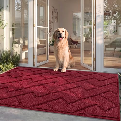 Biscpro Door Mat, 90x150cm DoorMat Indoor Washable, Doormat Indoor Dirt Trapper Non-slip,Absorbent Inside Entrance Rug Mat for Entryway,Patio,Garden,Laundry Room,Pets - Red