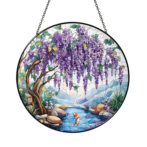 Koi Pond Garden with Wisteria Tree Stained Glass Style Window Hanging Suncatcher, Peaceful Landscape Decor Gift