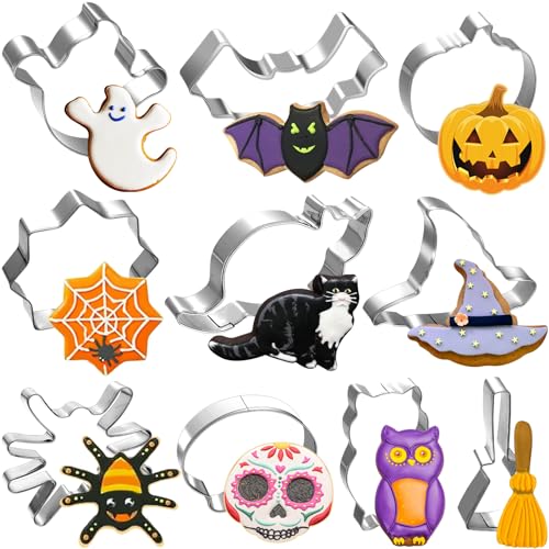 10 Pcs Halloween Cookie Cutters Set, Food-Grade Stainless Steel Cookie Cutter Large with Bat, Cat, Ghost, Owl, Pumpkin, Skull, Spider, Witch, Fall Baking Molds for Biscuit Cake Fruit Holiday Supplies
