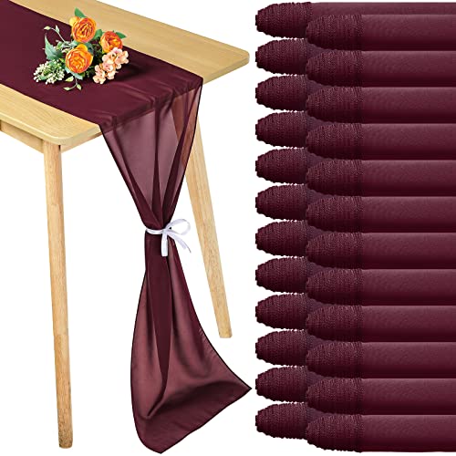 24 Stück Chiffon-Tischläufer, romantisch, durchscheinend, Tischdekorationen, langer Tüllläufer für Hochzeit, Brautparty, Partyzubehör, Dekoration, 305,7 x 30,5 cm (Burgunderrot) Cover