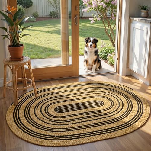 Tapis en jute ovale tressé main jaune résistant salon - 2
