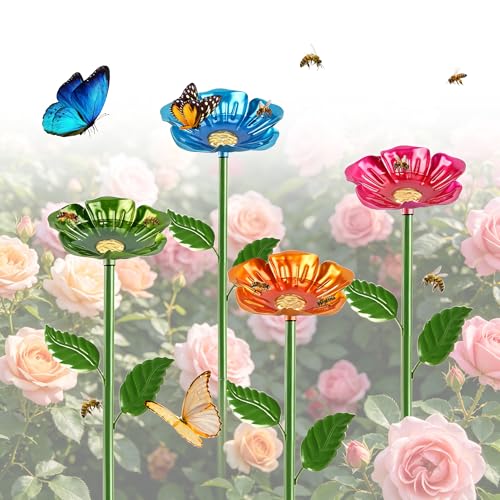 4 Pezzi, Abbeveratoi per Api da Giardino, Abbeveratoi per Api e Insetti, Vaschette in Metallo a Forma di Fiore Colorate, per Api e Farfalle, Decorazioni da Giardino per Balconi e Cortili