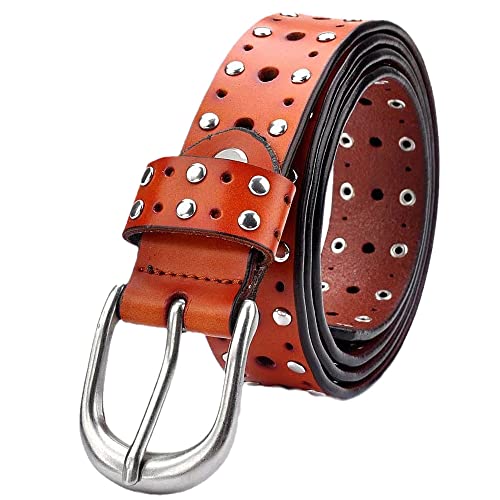 YOU&M Cow Leather Vintage Waist Belt Infinite-Hole Pin-Buckle Punk Rivet/Studded for Unisex Jeans Pants