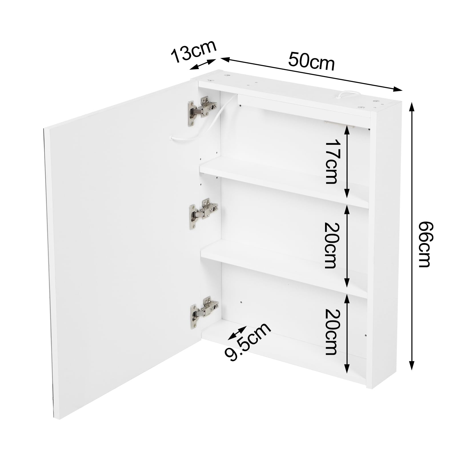 Badezimmer-Spiegelschrank mit LED-Beleuchtung, 3 verstellbares Licht, Spiegelschrank groß mit Ablage und Steckdose, Anti-Beschlag Wandschrank platzsparend, 50 * 66cm, Weiß