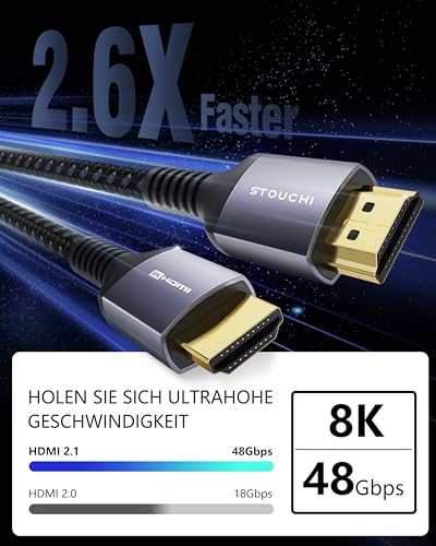 4. Bild von Stouchi 2m HDMI Kabel 8K 10K 4K Certified Ultra High Speed ​​ 48Gbps 4K120 144Hz RTX 3080 eARC HDR10 4:4 HDCP 2.2 & 2.3 Dolby kompatibel mit Fire TV/Roku TV/PS5/Xbox Series X/Samsung/Sony/LG