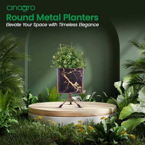 Image of CINAGRO Metal Flower Vase Planter Pot with Iron Stand, Pots for Plants, Plant Pots for Home Decoration, Succulent Pot, Indoor Planter Garden Decor Style: Marble Mirage Black