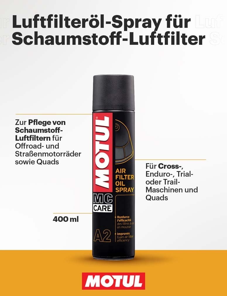 Motul Luftfilteröl-Spray, Für Schaumstoff-Luftfilter, Blau gefärbtes Haftöl, Geeignet für Motocross-, Enduro-, Trial- und Trail-Maschinen und Quads, MC Care Air Filter Oil Spray A2, Sprühdose, 400 ml