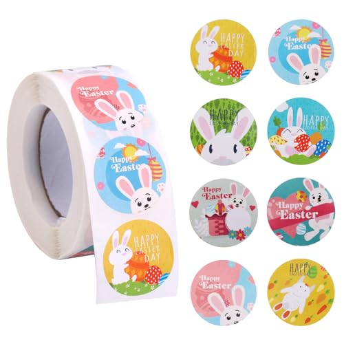500 unidades Autocolantes Páscoa, 2,5 cm rolo de autocolantes coelho Páscoa 8 desenhos Happy Easter rolo autocolantes redondos etiquetas festivas para crianças decoração de presentes envelopes (Estilo