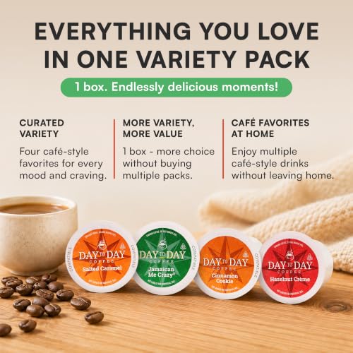Image of Day To Day Coffee Flavored Variety Pack, 120 Count Single Serve Pods, 4 Coffee Blends (Hazelnut Creme, Jamaican Me Creme, Cinnamon Cookie, Salted Caramel), Compatible with Keurig K-Cup Brewers, No Added Sugar