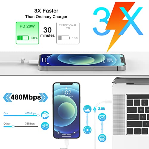 iPhone 14 13 12 Fast Charger,[MFi Certified] 20W USB C Fast Charger Wall Charger Block Plug Adapter with 10FT Long Type-C to Lightning Fast Charging Data Sync Cord for iPhone14 13 12 11 Xs Xr X(3Pack) - Thumbnail 2