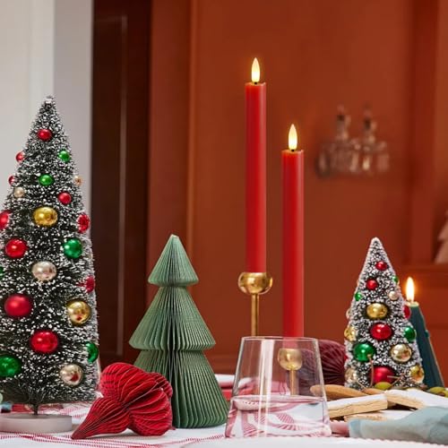 Image of Red Taper Candles Battery Operated, LED Christmas Flameless Taper Candles with Remote Timer, Real Wax LED Flameless Candlesticks for Christmas Home Decor(Set of 3, 0.78 inch x 9.6 inch)
