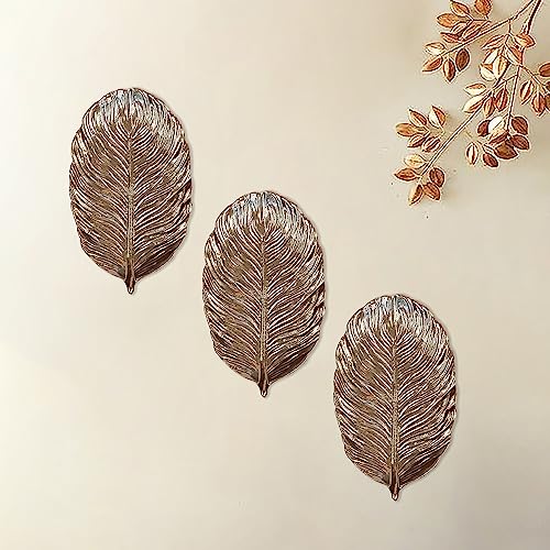 Image of Art Street Golden Palm Leaves Tray MDF Wall Plate For Living Room, Decorative Wall Hanging Carved Decal for Home Decor (Set of 3, 7x11.5 Inch)