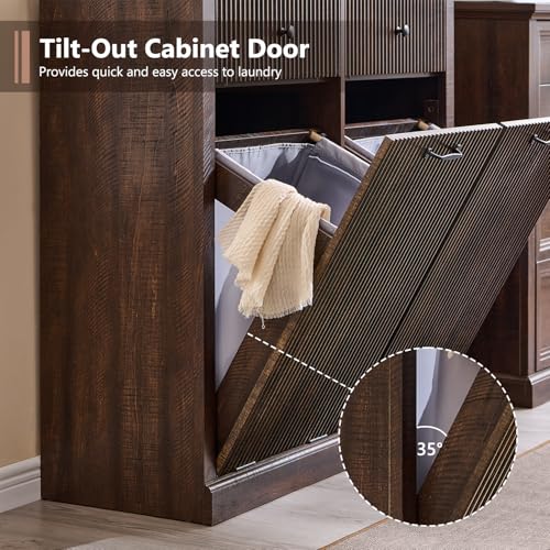 Image of IFBUY Double Tilt Out Laundry Hamper Cabinet, Modern Trash Cabinet, Brown