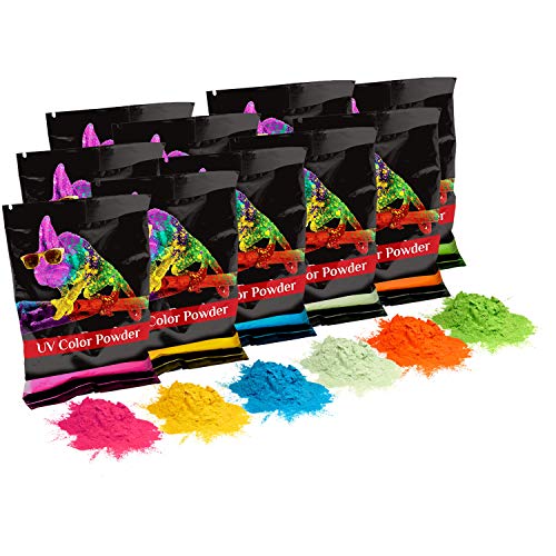Holi UV Glow (Ultra Violet) Color Powder 12 Pack 70 Grams White,Yellow,Orange,Blue,Green,Pink