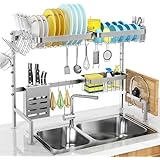 MERRYBOX シンク上大型食器乾燥ラック(65cm-85cm) ステンレス鋼キッチンシンク用2段式長さ調節可能食器水切り 自動水切り 省スペース キッチンオーガナイザー, ブラック不锈钢