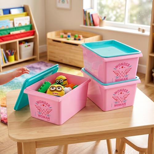 Image of Nayasa Stack N Store Wonder Women, Small, 5 ltrs | DC Superhero Print Plastic Storage Boxes Set of 3 with Lid | Side Handles | Stackable Multipurpose Organizers | Strong & Durable | Pink