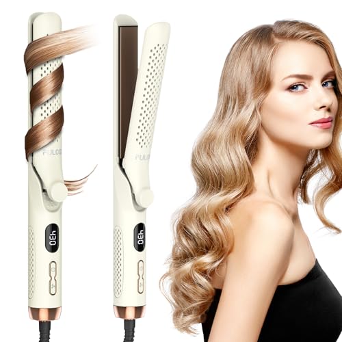 360° Airflow Styler Curling Iron, 1.25 Inch Hair Straightener and Curler 2 in 1, LED Display Curling Flat Iron with Cooling Air Vents to Lock in Style, Adjustable Temp Curling Wand (White)