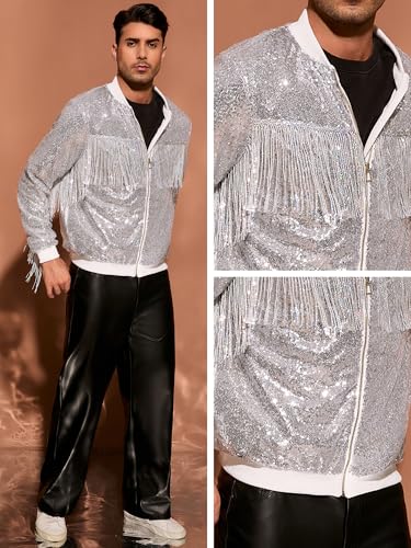 Image of Lars Amadeus Shiny Tassel Jacket for Men's Zipper 70s Disco Sparkly Sequins Baseball Bomber Jackets