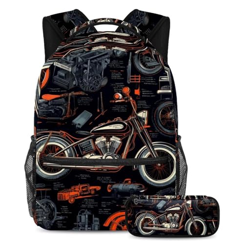 Cartables grande capacité avec trousse à crayons pour ados sac à dos voyage moto cool