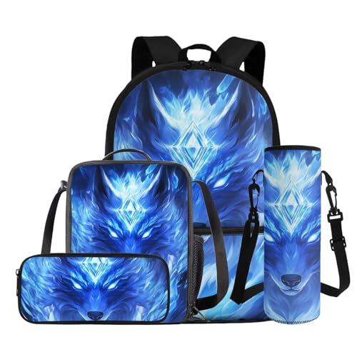 Blue Wolf School Backpack for Boys 8-12 Lightweight Bookbag 4 Piece Set with Lunch Box Adjustable Strap Boys School Bag for Primary Elementary Study Backpack Portable Travel Daypack