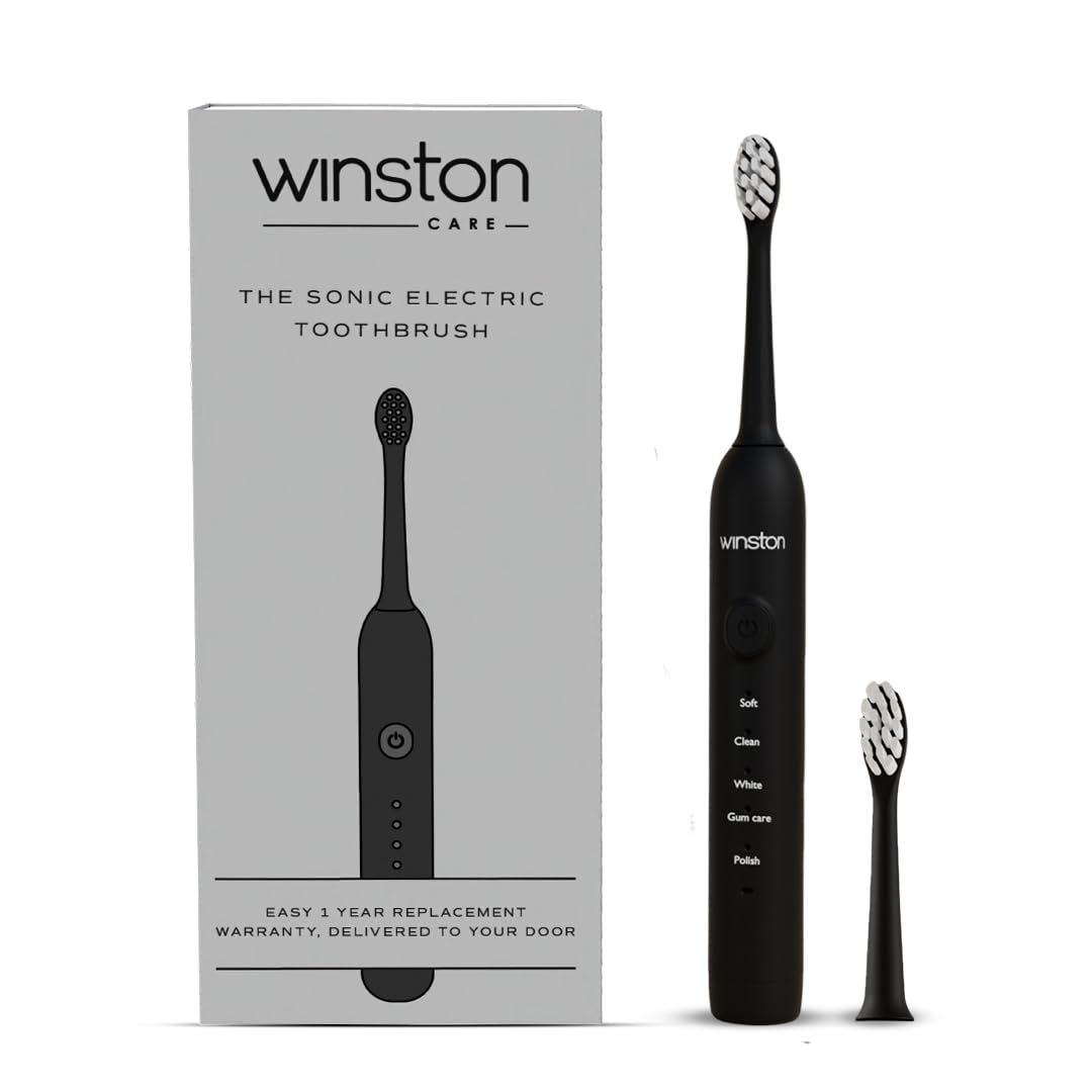 Winston Rechargeable Sonic Electric Toothbrush with Super Soft Bristles for Adults | IPX8 Waterproof with 5 Cleaning Modes | Suitable for Sensitive Gums 1-Year Warranty (Black)