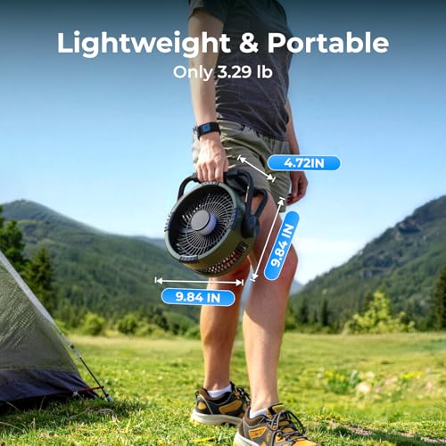 Image of BougeRV Portable Fan Rechargeable, 20000mAh Battery Powered Fans with 4 Wind Speeds Hook Brighter Light LCD Display 270 Rotatable for Camping, Tent, Outdoors, Indoors, Office, Travel, RV, Green