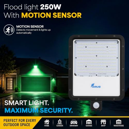 Image of Forus 250W LED Flood Light Green with Motion Sensor Auto On Off Day Night Mode Waterproof Outdoor Security Light for Garden Parking Garage Factory Backyard Shop High Bright Floodlight 4Yr Warranty-1Pc