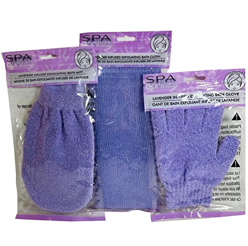 3 Pc Full Body Lavender Infused Shower and Bath Body Scrub Set with Exfoliating Bath Mitt, Scrub Glove, and Body Wash Towel for Women and Men