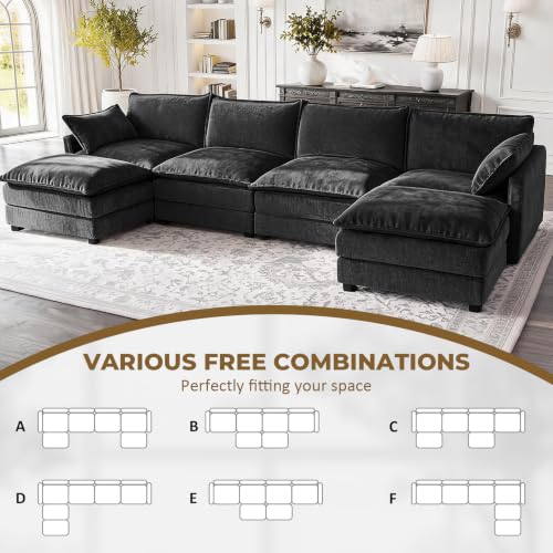 Image of 146 inch U-Shape Modular Sofa with 2 Ottomans, Deep Seat Cloud Convertible Sleeper, 2 Arm Pillows, Comfortable Large Upholstered Furniture for Living Room Apartment, Black