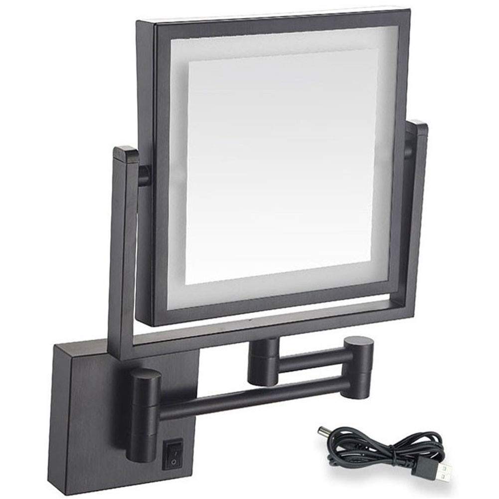 Specchio Espejo de baño cuadrado con iluminación LED: espejo de afeitar y maquillaje de pared con aumento 3X, recargable por USB, elegante decoración negra para tocador de hotel, diseño giratorio