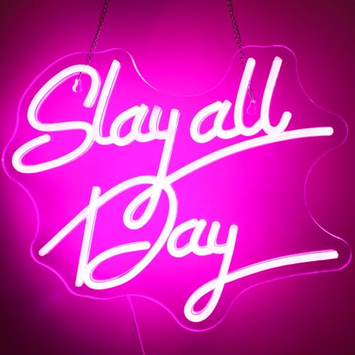 ReyeeInc Slay All Day Neon Sign, Pink Aesthetic Slay Neon Lights and USB Powered Bright Dimmable Funny Y2k Signs for Teen Girls Preppy Dorm Room Women Bedroom Downtown Coquette Room Wall Decors