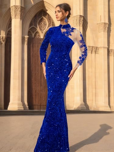 Image of Velvet Sequin Formal Evening Party Dress Sweatheart Bodycon Long Sleeve Maxi Gown