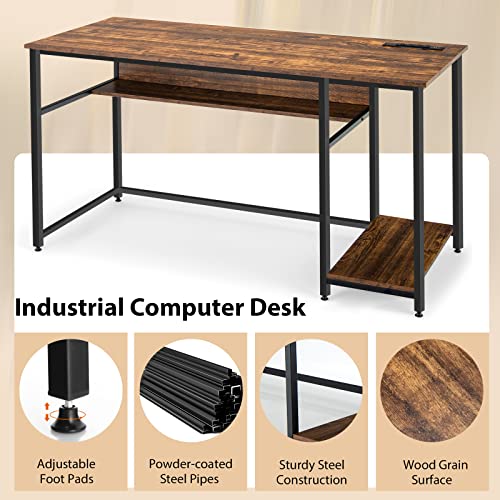 Ifanny 55’’ Computer Desk, Pc Gaming Desk With Power Outlet & Usb Ports, Large Home Office Desk With Storage Shelves & Steel Frame, Industrial Study Desk For Bedroom (Rustic Brown) #TOP6
