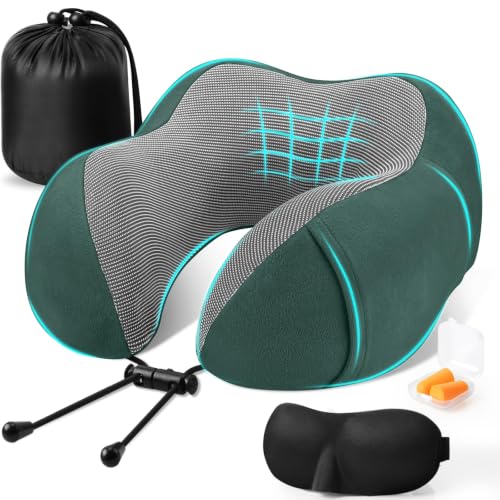 Image of CloudBliss Travel Pillow for Airplane, Memory Foam Neck Pillow for Travel, Compact Flight Pillow with Eye Mask, Earplugs, Carry Bag,Travel Neck Pillow for Long Flight Sleep, Plane Accessories, Green
