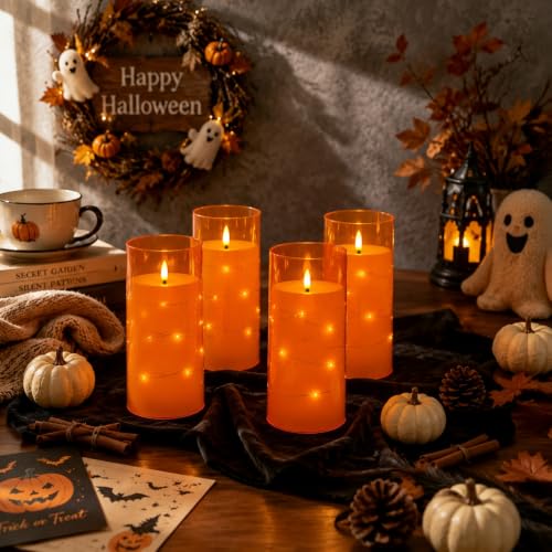 Image of Orange Flickering Flameless Candles with Remote Timer, 6 pcs LED Battery Operated Candles with String Lights, Halloween Fall Candles Decor for Home, Same Size D3 H6