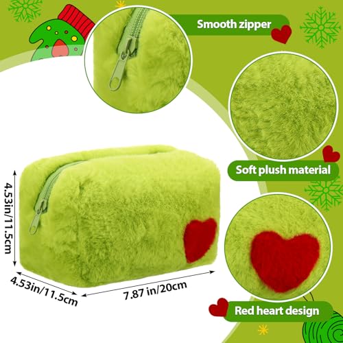 6 Pcs Christmas Fuzzy Green Makeup Bags for Women Plush Green Cartoon Character Cosmetic Pouch with Red Heart and Zipper Cute Travel Toiletry Bag for Christmas Halloween Funny Gifts2