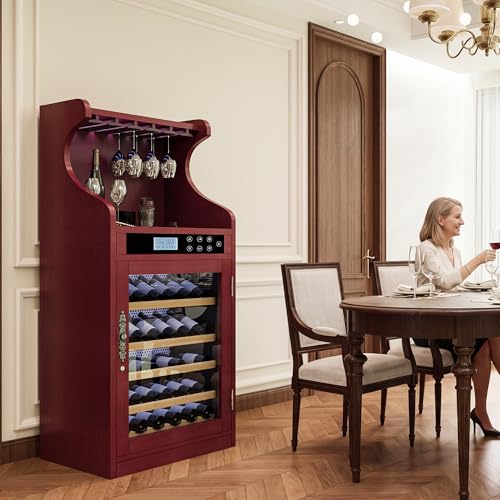 Image of KEIKI 43 Bottle Wine Refrigerator, Freestanding Single Zone Wine Cooler with Humidity Control, Tempered Glass Door, LED Lighting, Lockable Wood Cabinet, Low Noise for Connoisseurs, Cherry