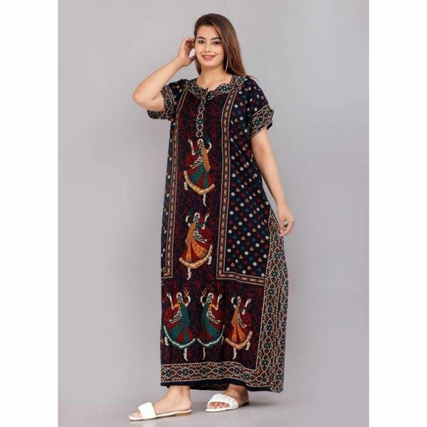 Image of Women's Cotton Printed Stylish Night Dresses | Pure Cotton Night Gown | Maxi Dress | Frock Nighty for Women | Gown for Women (Blue XXL)